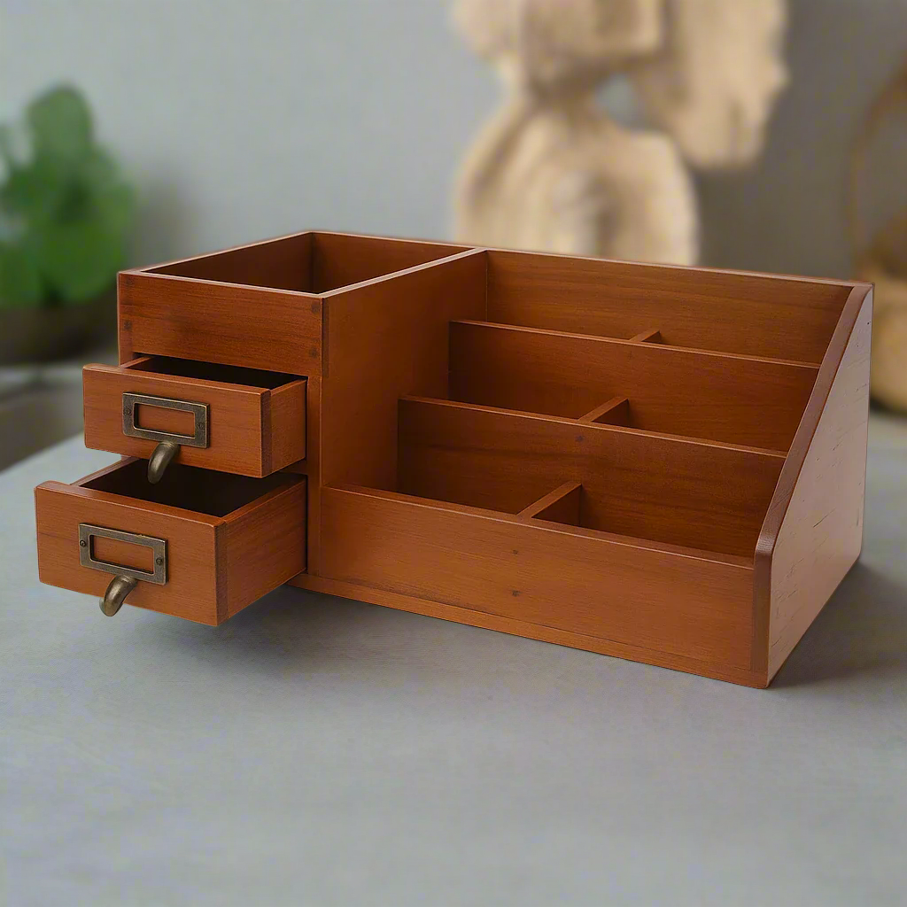 Antique Wood Desk Organizer - Makeup & Jewelry Storage
