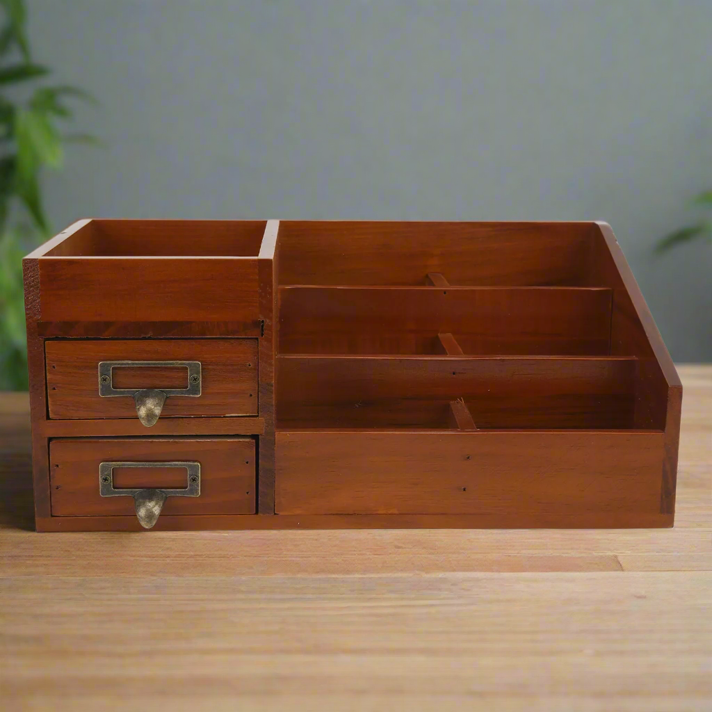 Antique Wood Desk Organizer - Makeup & Jewelry Storage